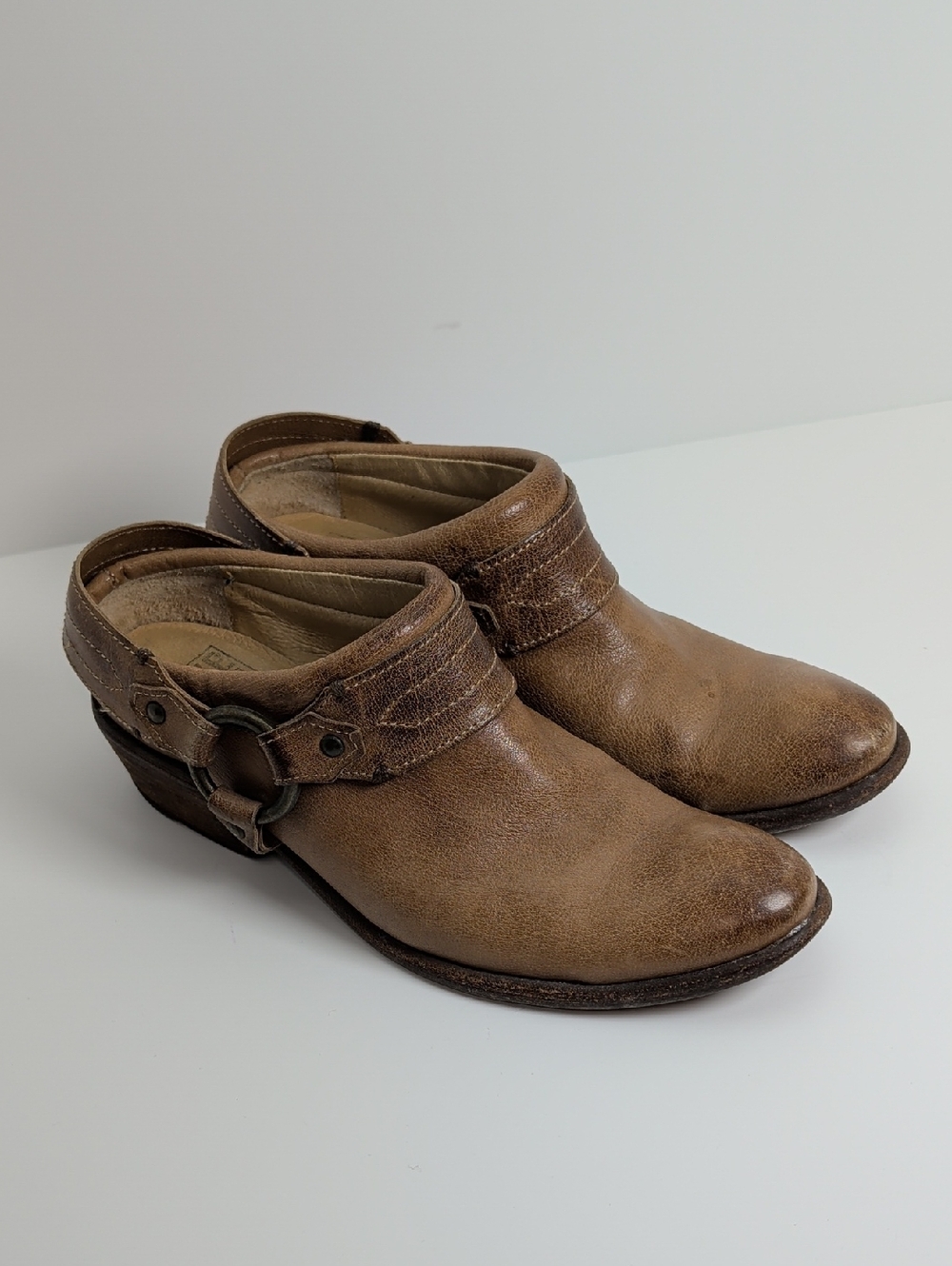 Frye Brown Leather Slip-On Mule Clog Boots with Ankle Belted Harness Size 8